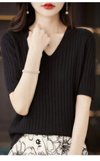Women's Sweater Spring Summer Short Sleeve V-neck Knit Shirt Casual Korean Pullovers Stripe Bottoming Shirt Slim Fit Jumpers