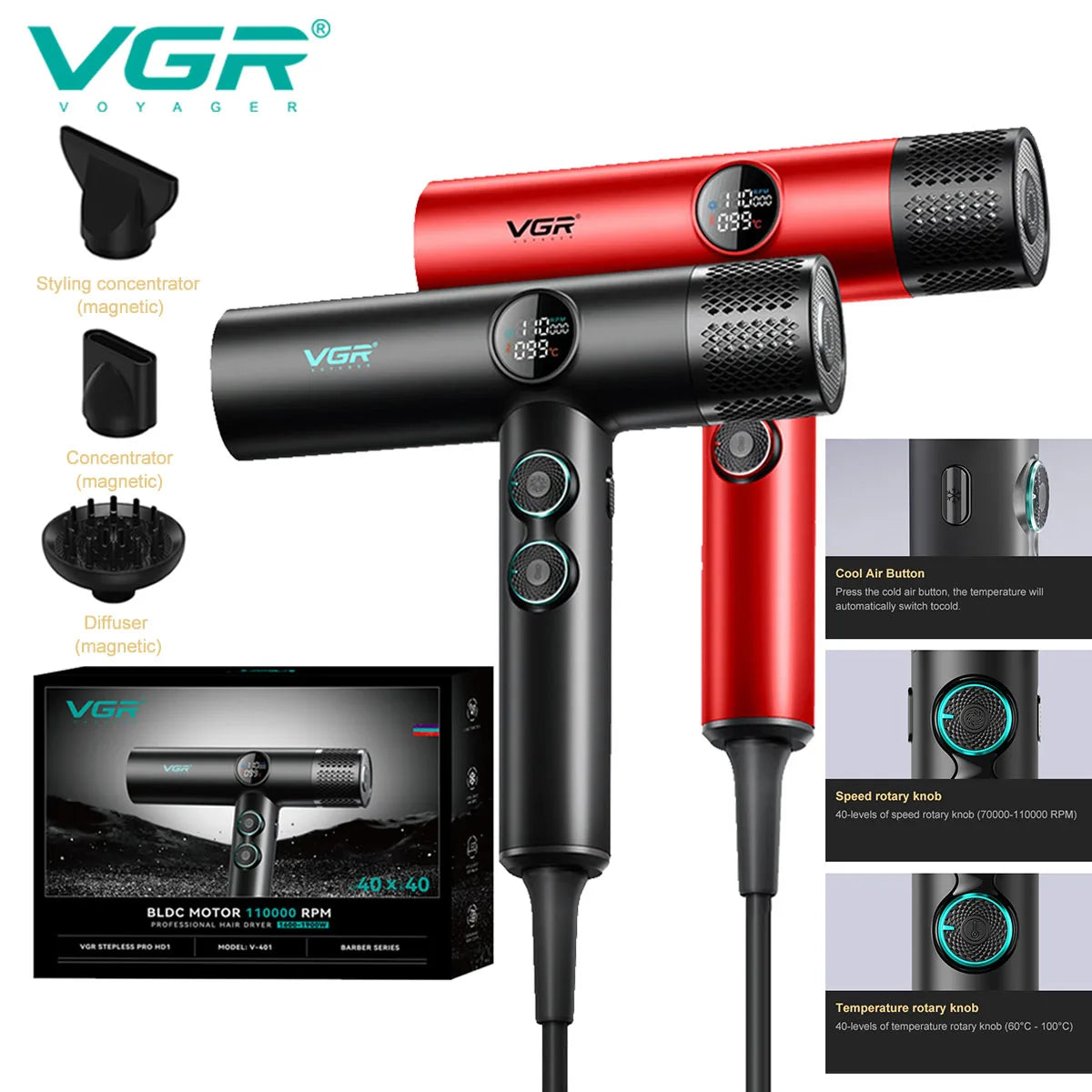 VGR Hair Dryer Professional Hair Dryer BLDC Motor Hair Styling Blow Dryer Machine 110000 RPM Negative Ion Salon Air Blower V-401 Ürün ana görseli
