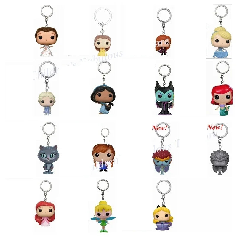 New FUNKO Keychains Disney Demona Princess Bella Ariel Alice Anna Elsa Bell Jack Sally stitch Action Figure Toys Ornaments