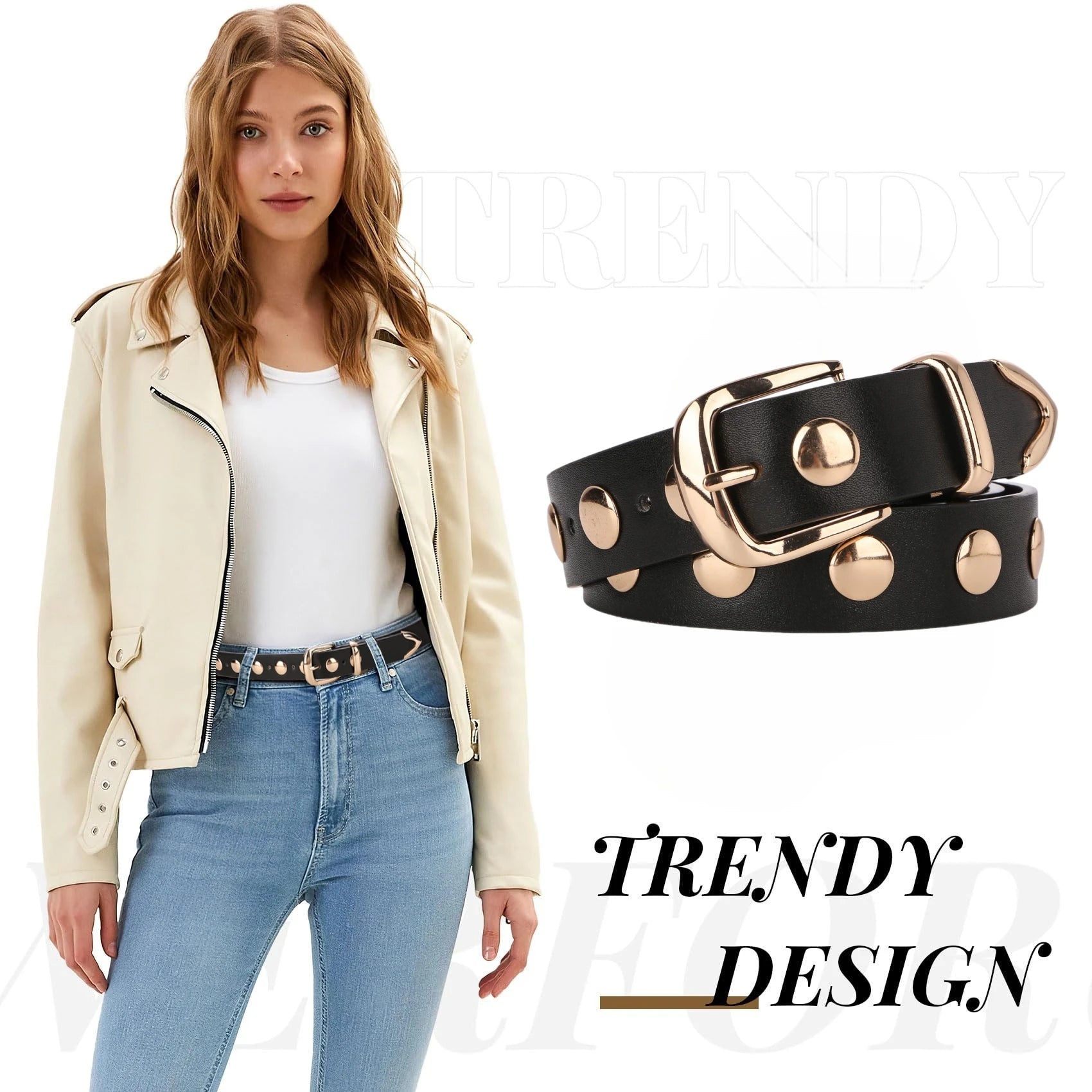 Women Fashion Leather Belt Studded Punk Black Belts for Jeans Dress Ladies Belt with Gold Buckle Adjustable Waist Belt Ürün ana görseli