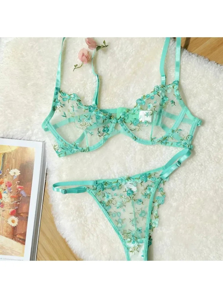 YUQI French Luxury Lingerie Set - Sexy Floral Embroidery Black Bra & Panty Set, Sheer Transparent Seductive Women's Intimates