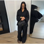 Women Solid Lapel Full Sleeves Pant Suits Chic Single Breasted Wide-leg Long Pants Sets 2026 Lady  Casual Daily Loose Fit Outfit