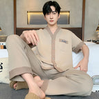 Men's Japanese Kimono Casual Fashion Solid Color Cardigan Loose Summer Short-Sleeved Pajamas with long pants Home Comfort Wear