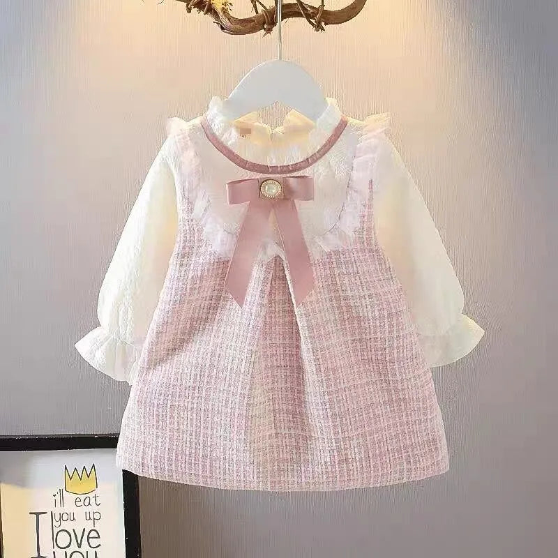 Girls Long Sleeve Skirt Cute Loose Dress Outer Wear Spring New Korean Style Clothing Kids Casual Fashion Round Neck Bow Skirt Ürün ana görseli