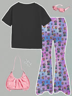 Girls 2-Piece 2026 K-Pop Concert Outfit - Black Graphic T-Shirt & Pastel Character Print Flared Pants Set for Kids