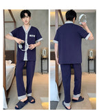 Men's Japanese Kimono Casual Fashion Solid Color Cardigan Loose Summer Short-Sleeved Pajamas with long pants Home Comfort Wear