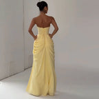 Women Solid Pleated Sexy Strapless Dress Lady Chic Off-shoulder Backless High Waist Split Dresses 2026 New Evening Party Gown