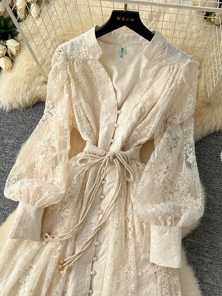 Spring Autumn French High-end Women's Dress New Lace Embroidery V-neck Lantern Sleeves Single Breasted Party Birthday Dress C192