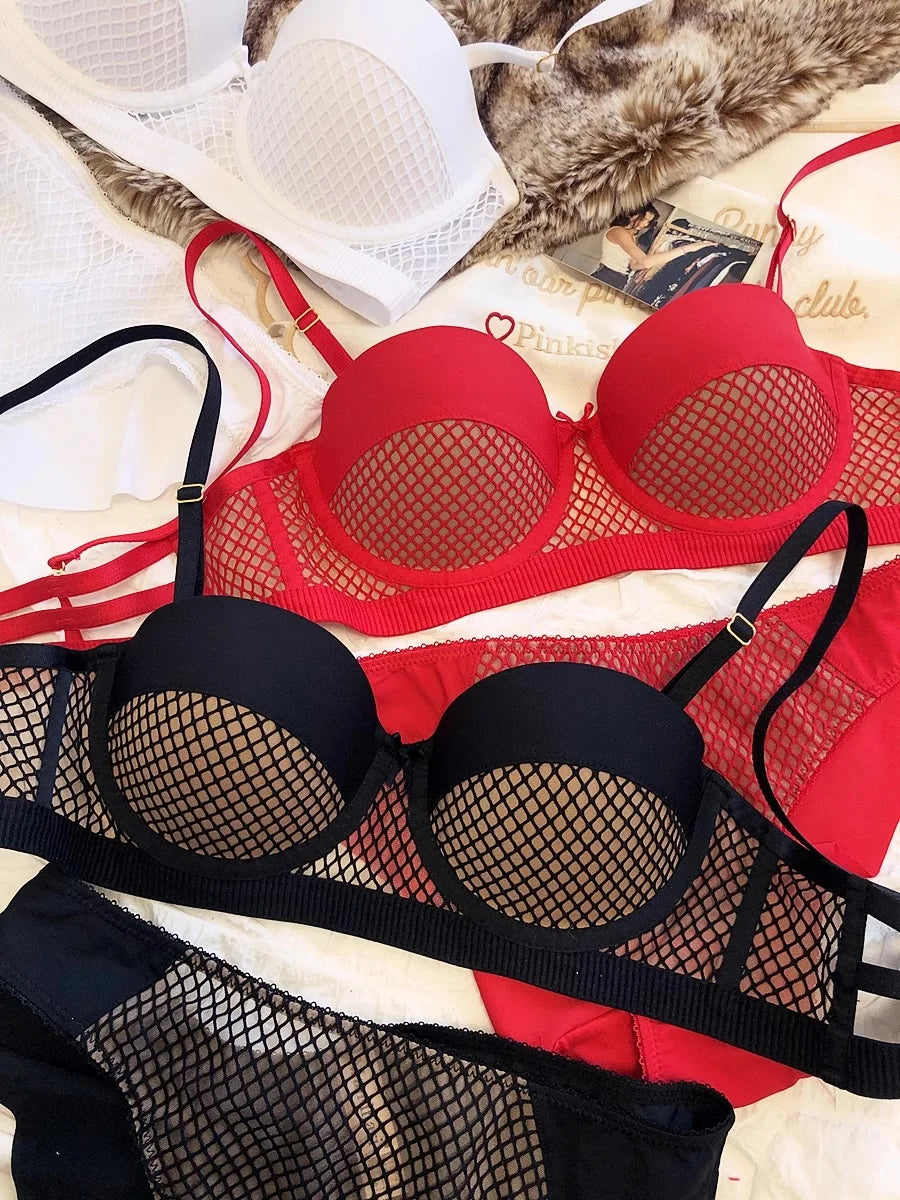 Mesh Lace Underwear Ladies Sexy Small Chest Push Up Lingerie For Women Bra Sets Red White Wedding Girls Thicken Intimates BCD