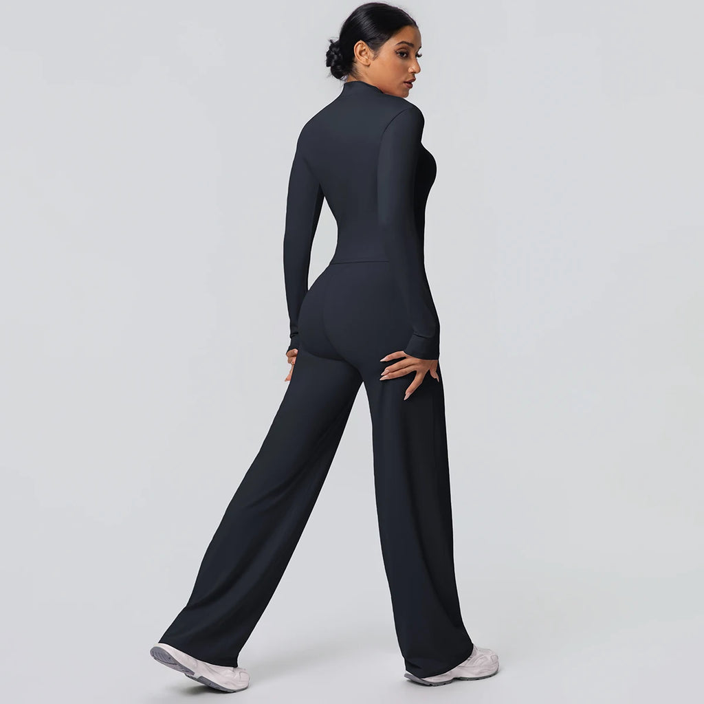 2pieces Quick Drying Sports Fitness Clothing Yoga Set Women Yoga Zipper Long Dleeves High Waisted Breathable Wide Leg Pants Set