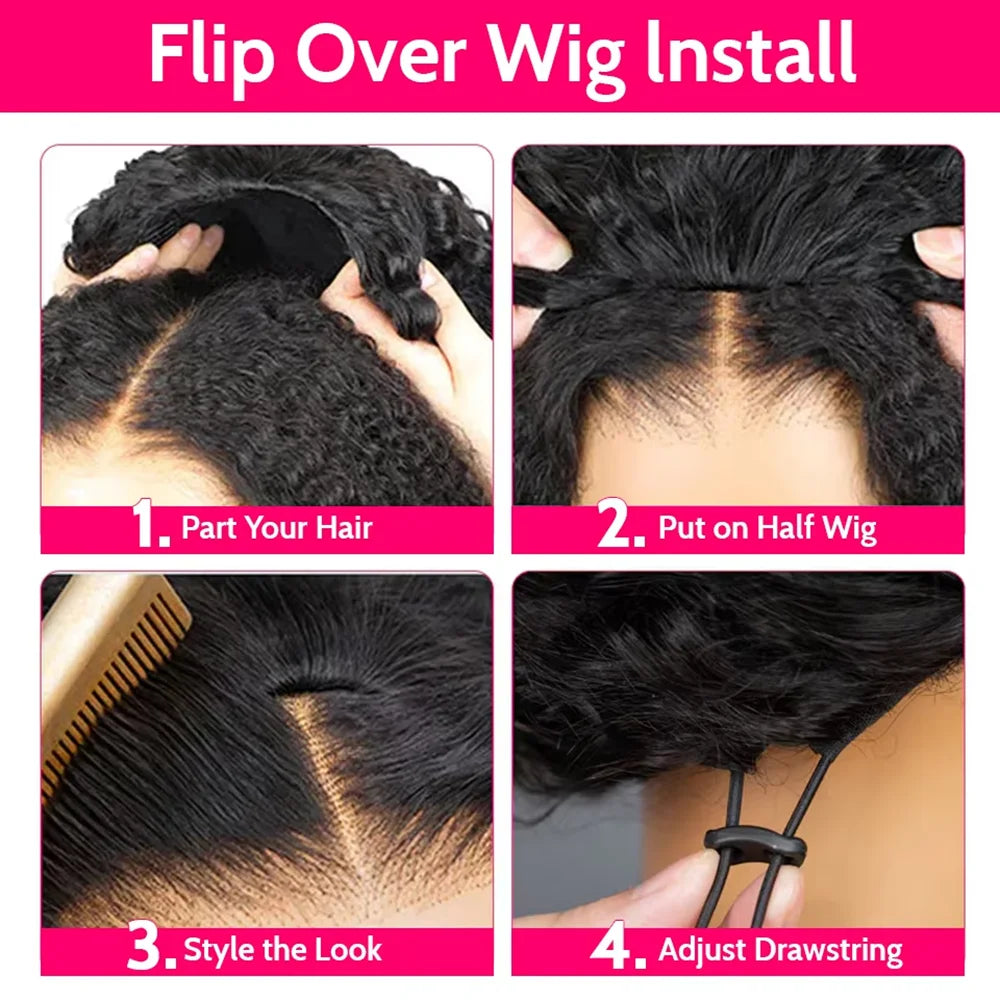 Half Wig Human Hair Wigs 200% Half Wig Kinky Curly Human Hair Wigs 3 In 1 Invisible Hairline Wear Go With Drawstring Seamless