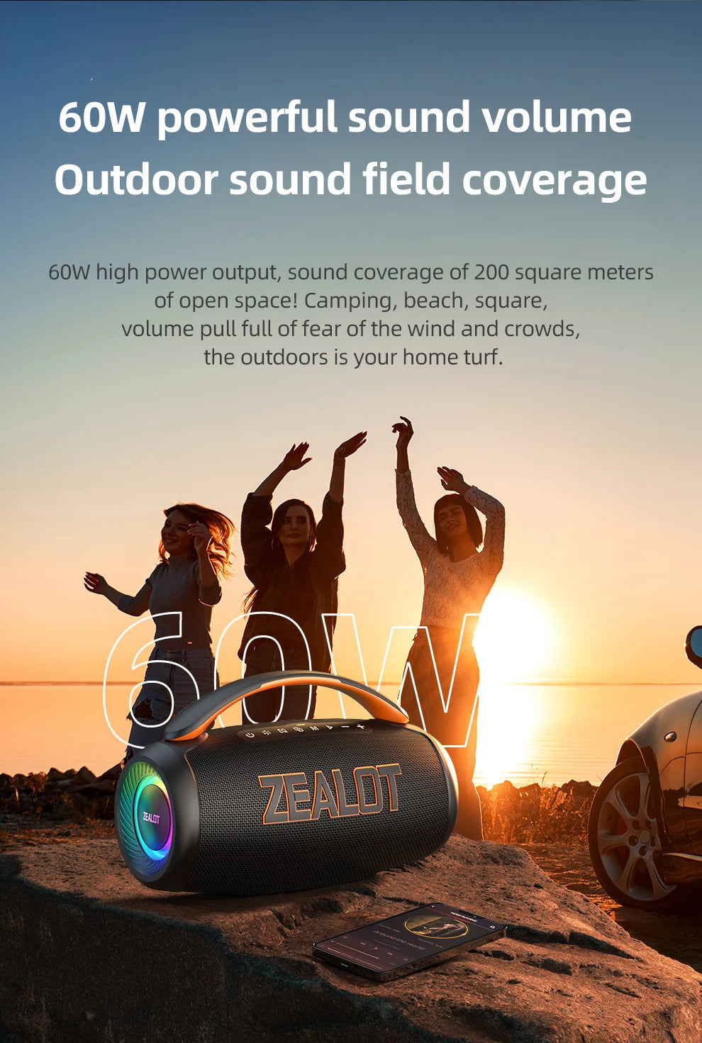 zealot-P12 Speaker 60W Bluetooth Speaker Portable Speaker with 10-Hour Playtime, Portable Handle, for Camping, Party,TWS,AUX
