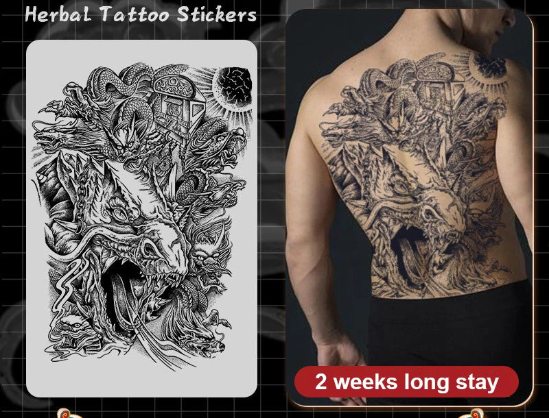 Magic Juice Ink Waterproof Tattoo Stickers Full Back Large Size Herbal Juice Temporary Tattoos Men Body Art Dragon Tiger