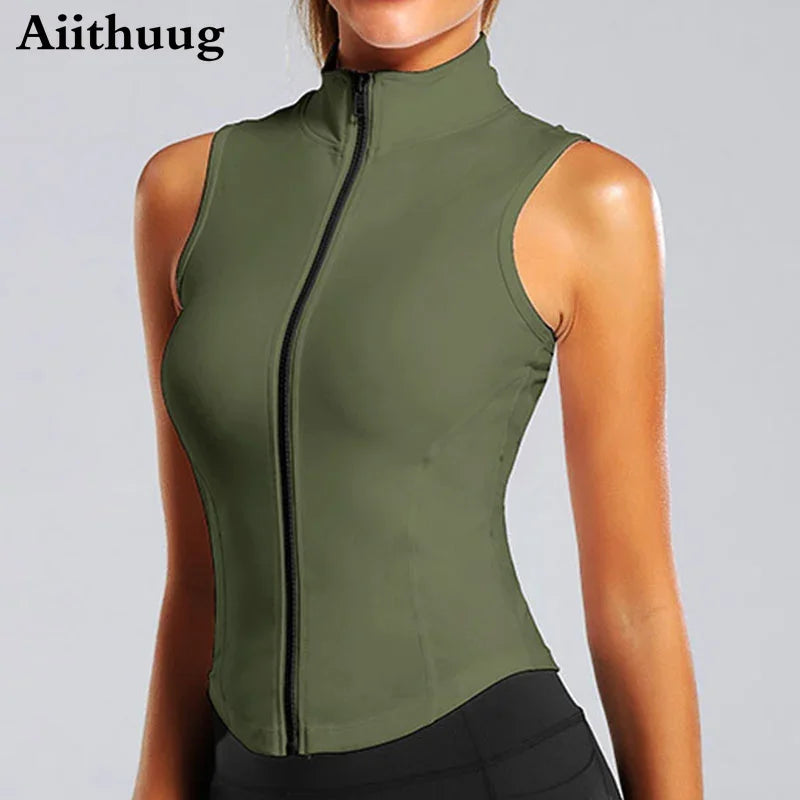 Aiithuug Athletic Zip Up Sweat Vest Jacket Sleeveless Running Yoga Tops High Neck Shirts Sports Top Fitness Women Workout Tops Main image