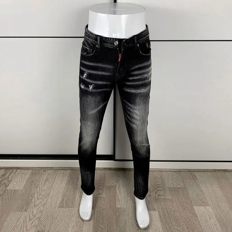 Street Fashion Men's Tight Black Grey Jeans Retro Elastic Slimming Split Style Jeans Men's Retro Designer Brand Jeans Hombre Ürün ana görseli