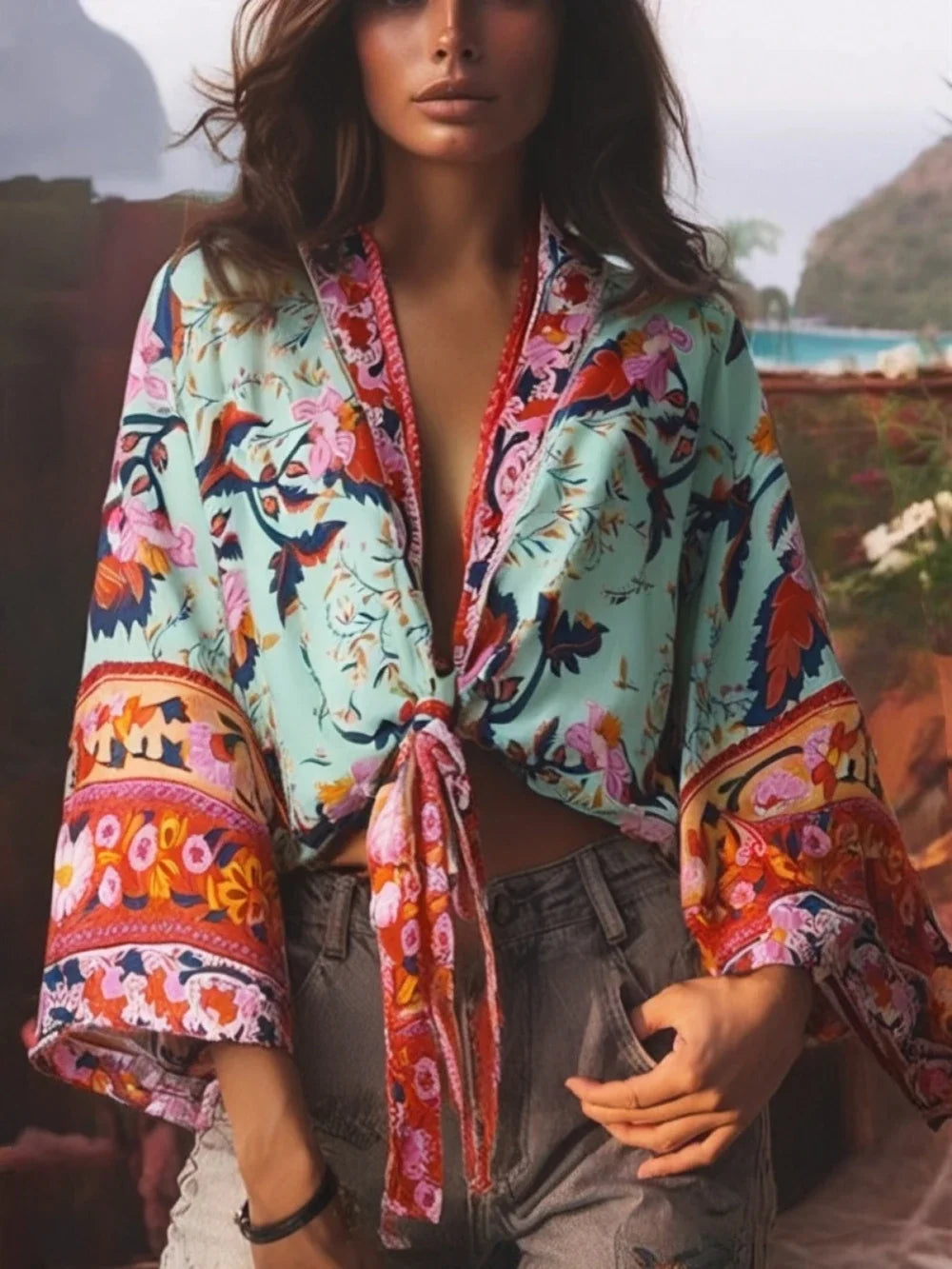 Happie Queens Floral Print Sashes Short  Kimono Women Fashion V Neck Batwing Sleeves Robe Lady Boho Bikini Cover-ups Ürün ana görseli