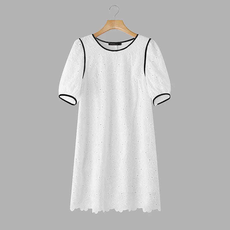 ZANZEA Summer Women's Openwork Embroidered Dresses O-Neck Half Puff Sleeve Contrast-Trim Knee-Length Dress Casual A-Line Robes
