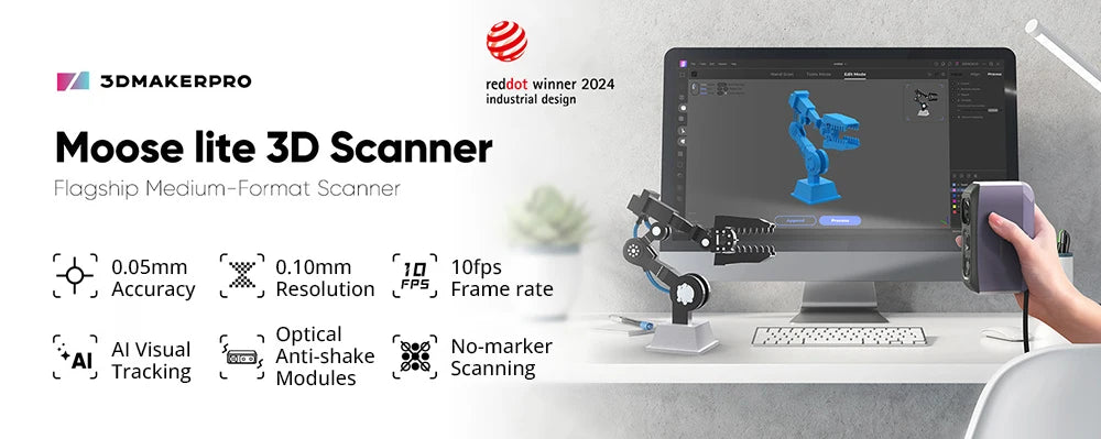 3DMakerpro Moose Lite 3D Scanner,Luxury, NIR Light Source,0.05mm Accuracy,24-bit Color Camera,10fps Frame Rate,Anti-Shake Lenses
