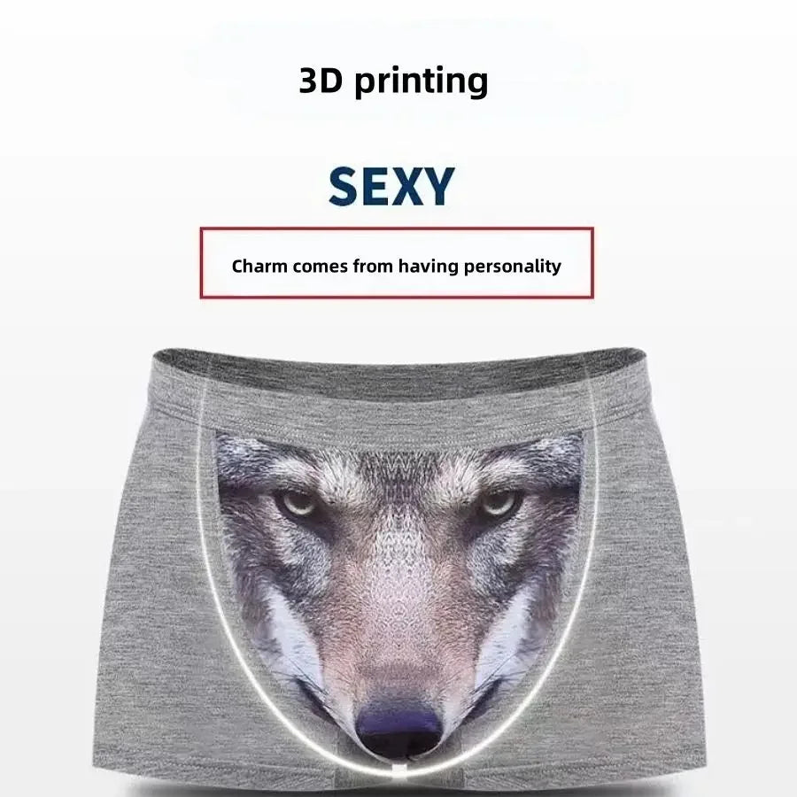Men's Unique 3D Printed Wolf Eagle Head Flat Angle Pants Mid-waist Boxer Shorts Breathable Knitted Modal Fabric