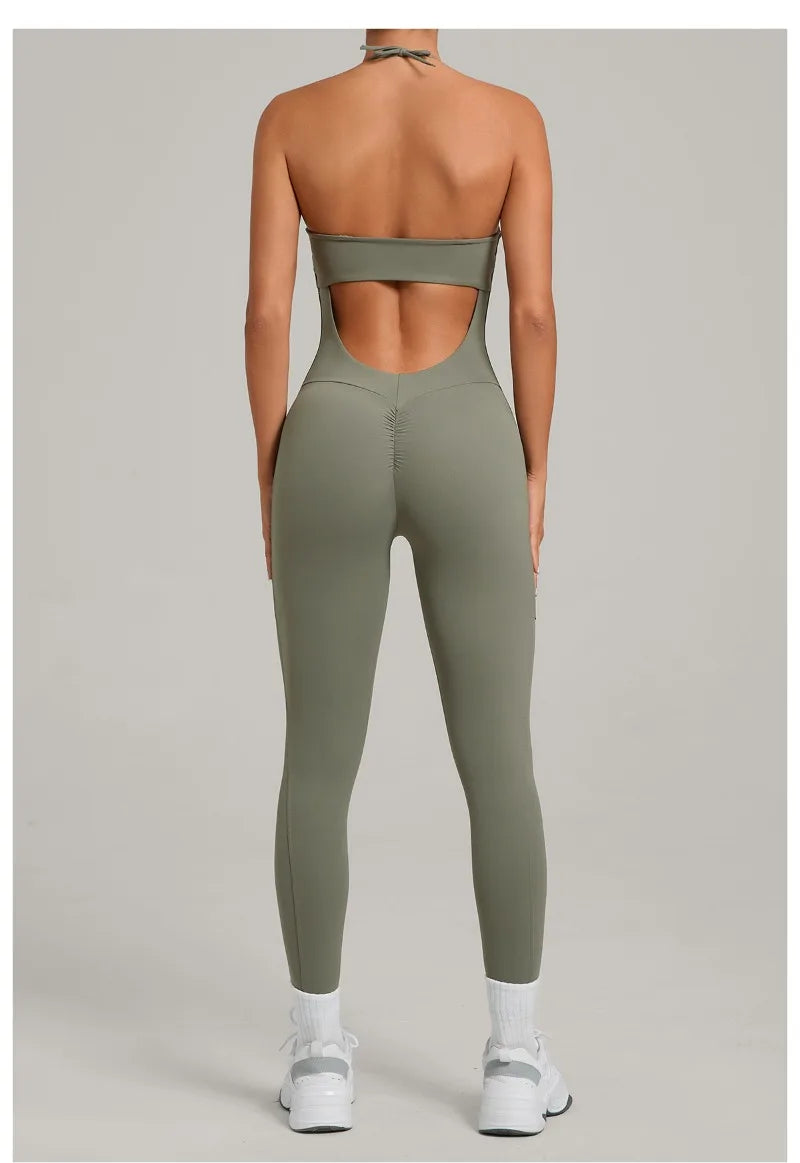 Women's Yoga Jumpsuits Sports Fitness One-piece Beauty Back Strap Pocket Hip-lifting Slim Fit Running Workout Training Bodysuits