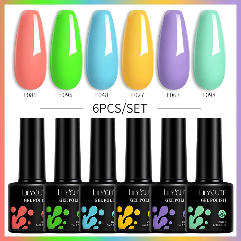 LILYCUTE 7ML 6PCS Neon Gel Nail Polish Set fluorescent Series Color Changing Semi Permanent Soak Off Manicure kit Nail Art Gel