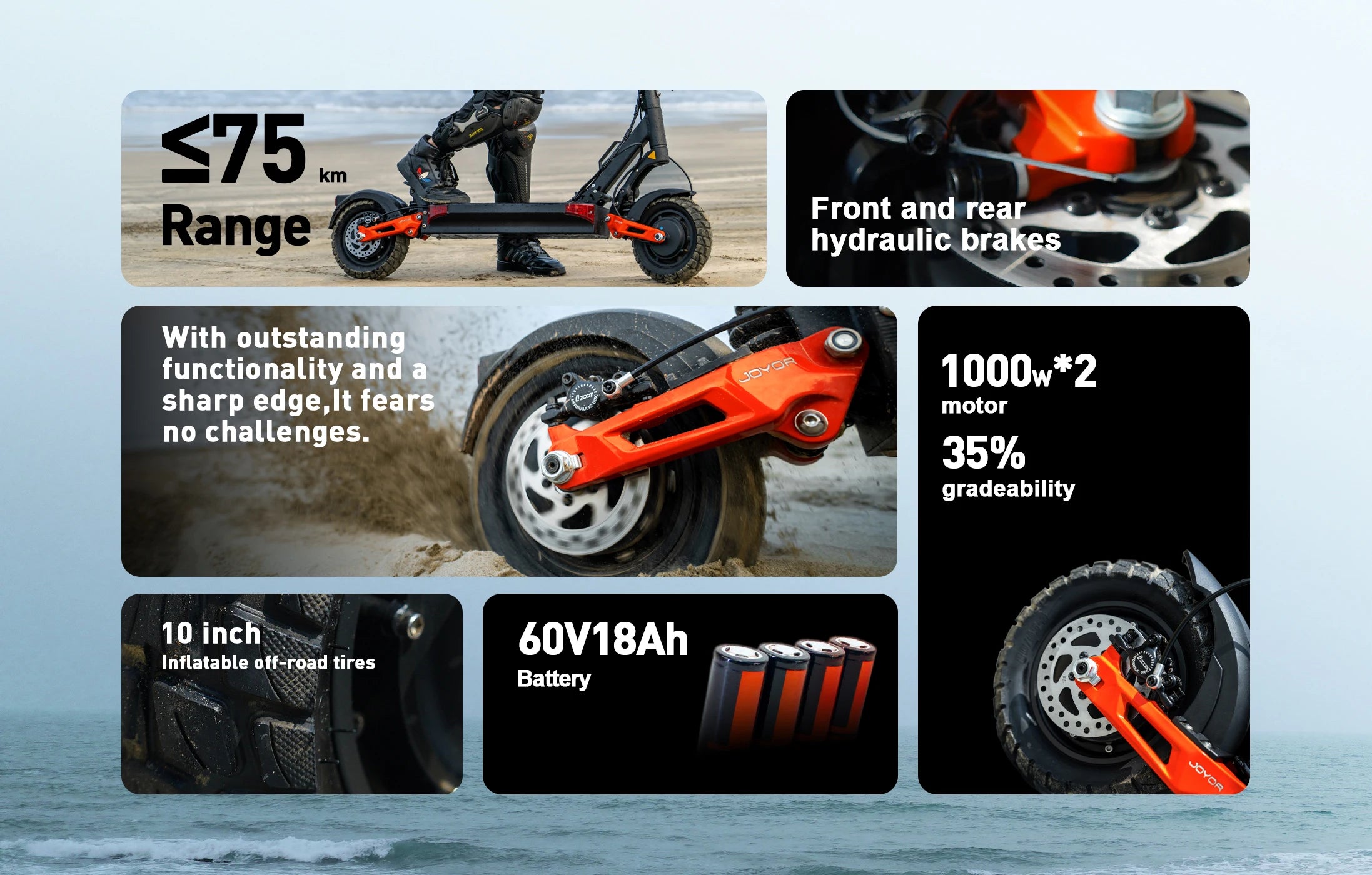 JOYOR T10 Folding Electric Scooter, Dual 1000W Motor, 10 inch Off-road Adults E-scooter with 60V 18Ah Battery