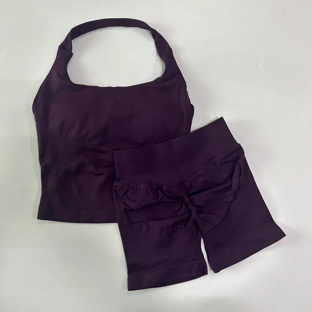 No Logo 2 Pieces Sports Set Women Backless Tank Tops High Waist Scrunch Seamless Shorts Gym Set Sportswear Workout Set Yoga