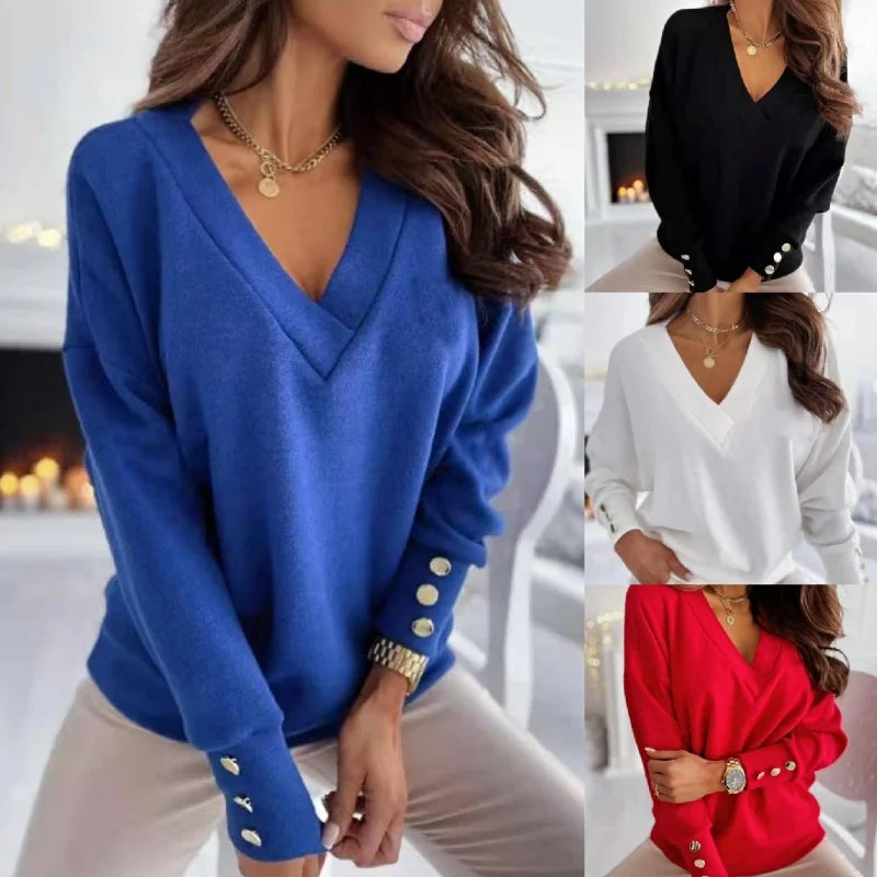 Spring Autumn Women Pure Soft Long Sleeve Sweater V-neck Fashion Jumper Office Lady Button Loose Casual Pullover Top Sweaters Ürün ana görseli