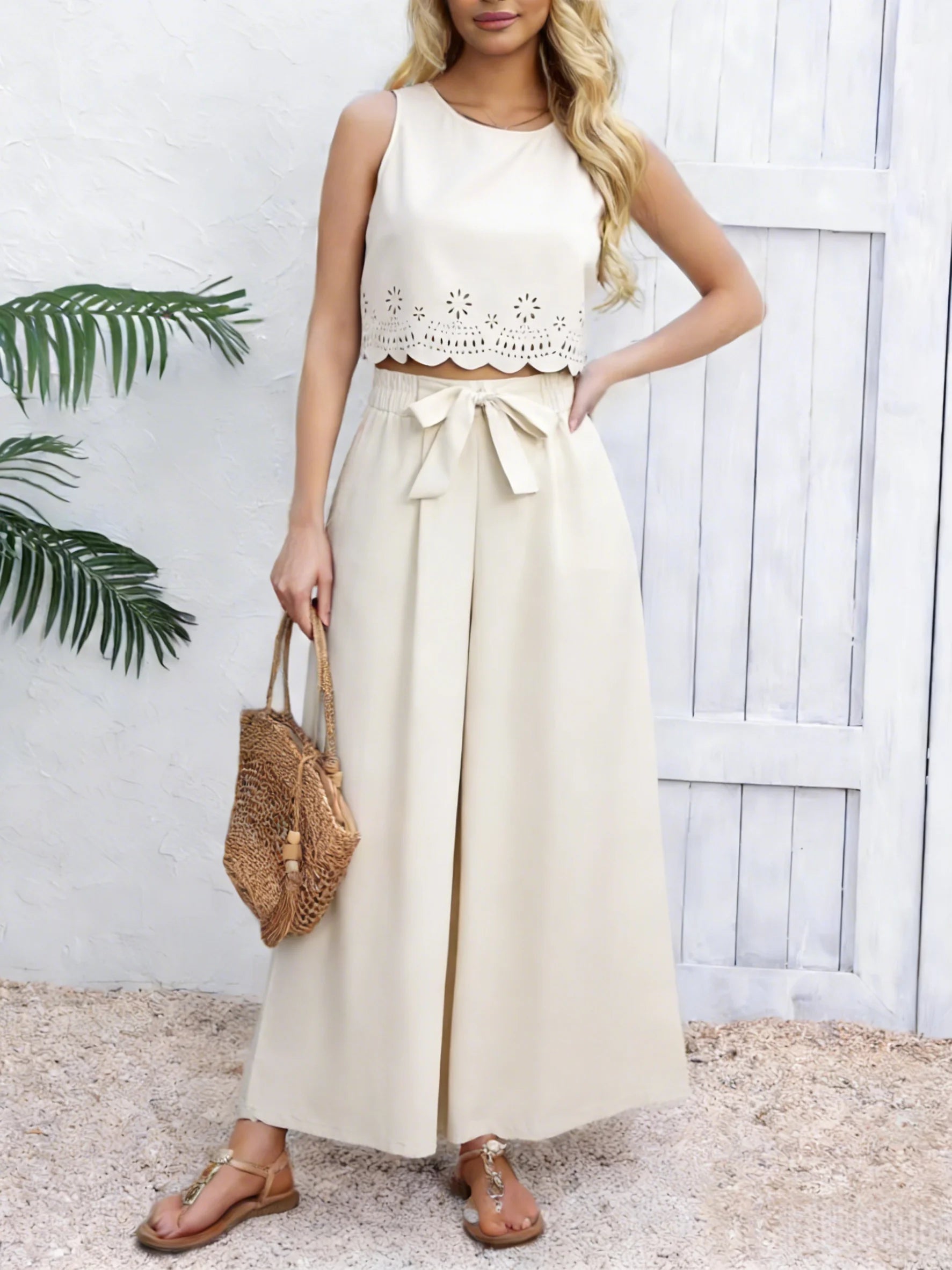 Women's Beige 2-Piece Set Sleeveless Crop Top And Wide Leg Pants Spring Summer Casual Commuting Vacation Outfit Ürün ana görseli