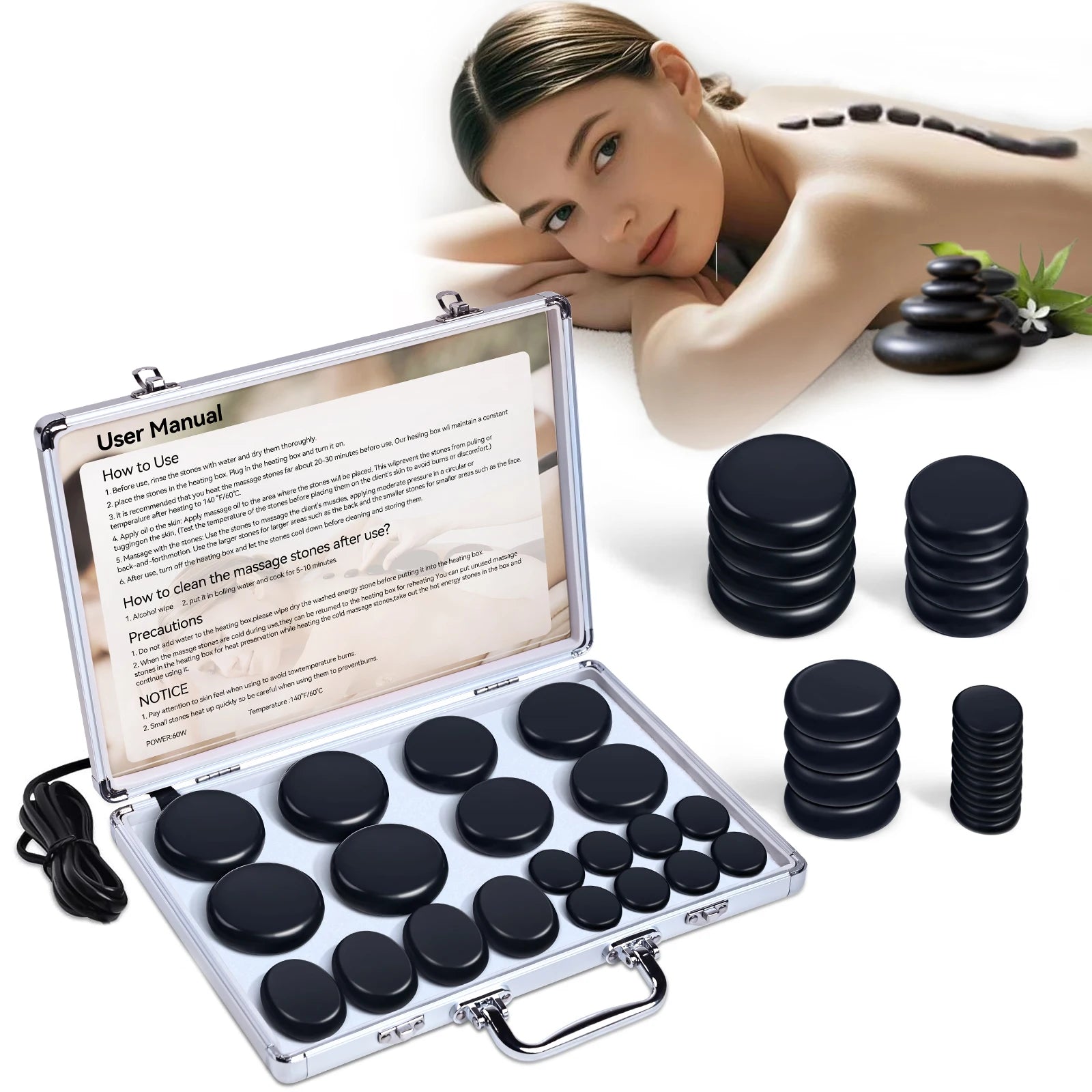 HOT STONE MASSAGE SET - Professional Spa Massage Tools - For Neck, Back, Abdomen, Legs & Full Body Massage Ürün ana görseli