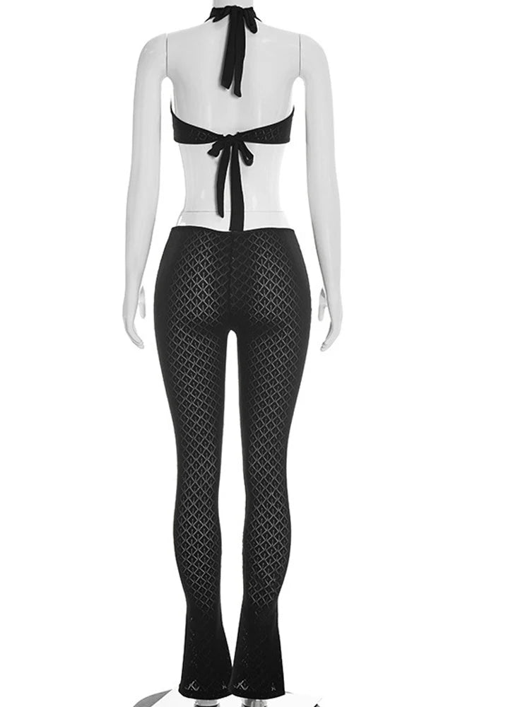 Beyprern Sexy Black Crochet Cut Out Jumpsuit Women Halter Backless See Through One Piece Romper High Waist Skinny Clubwear