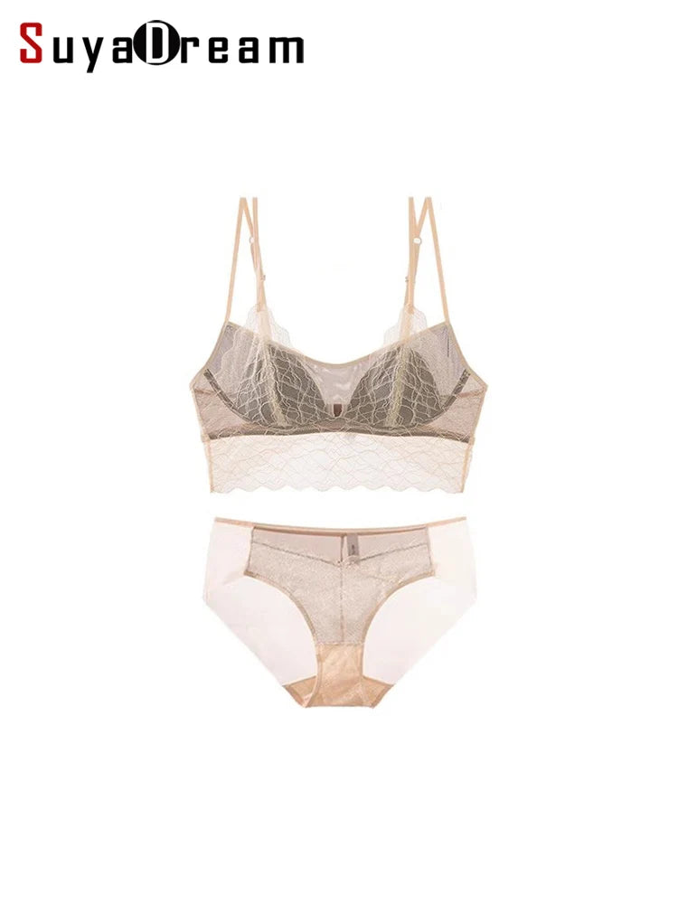 SuyaDream, Woman Lace Bra Set, Real silk Linings, Thin Mold Cup, Wire Free, Meshes Sheer Underwears, 2025 cozy Intimates Ürün ana görseli