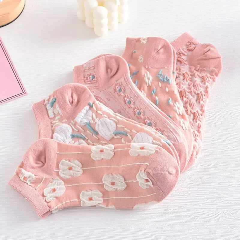 5 Pairs of Kawaii Cute Flower 3D Textured Ankle Socks - Vintage Style Thin Low Cut Hosiery for Womenity Pink Boat Socks Female