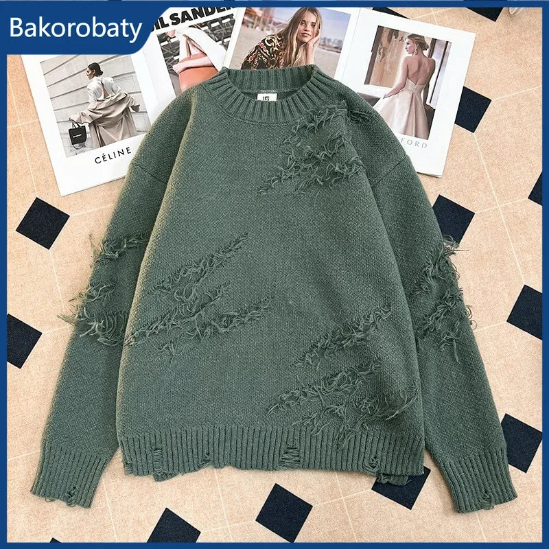 Spring Harajuku Fashion Ripped Sweater For Man Vintage Oversized Pullover Knitwear Y2K Streetwear Hip Hop Hole Pullovers jersey Ürün ana görseli