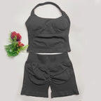 yoga outfits Women 2 pcs Sports DFNNYE Impact Set halterneck Backless Halter Top Seamless Scrunch Shorts Gym Workout Sports Suit