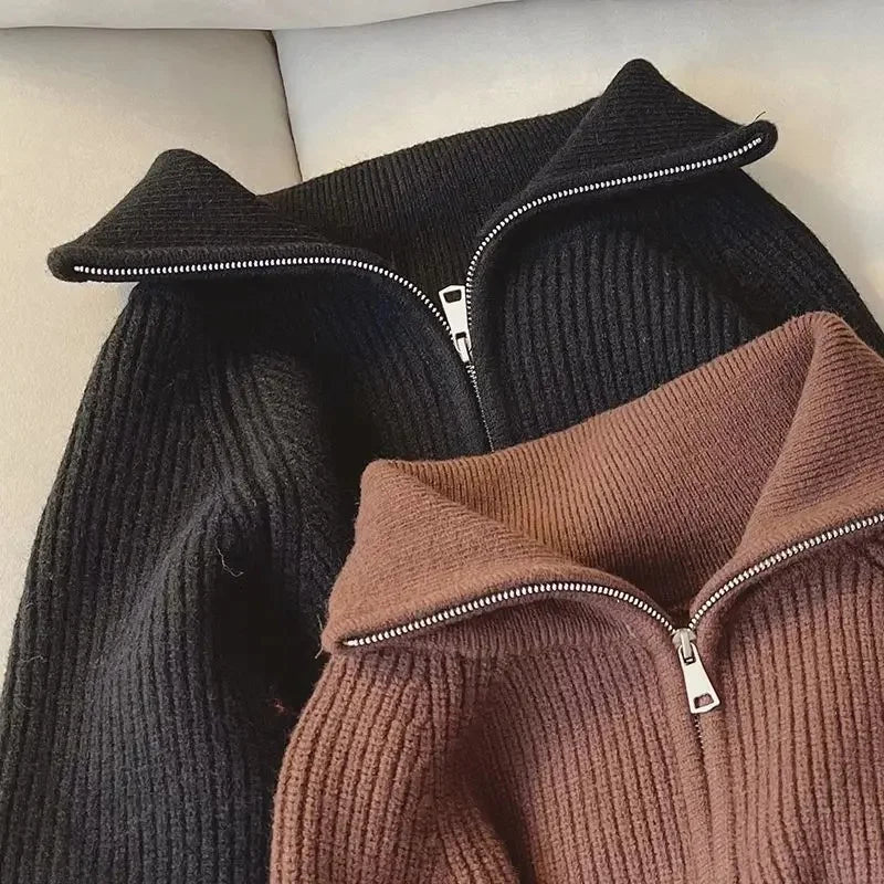 Half Zip Collar Sweater Women Pullovers Soft Knitted Long Sleeve Short Jumper Fall Winter Teen-girl Korean Fashion Outfit