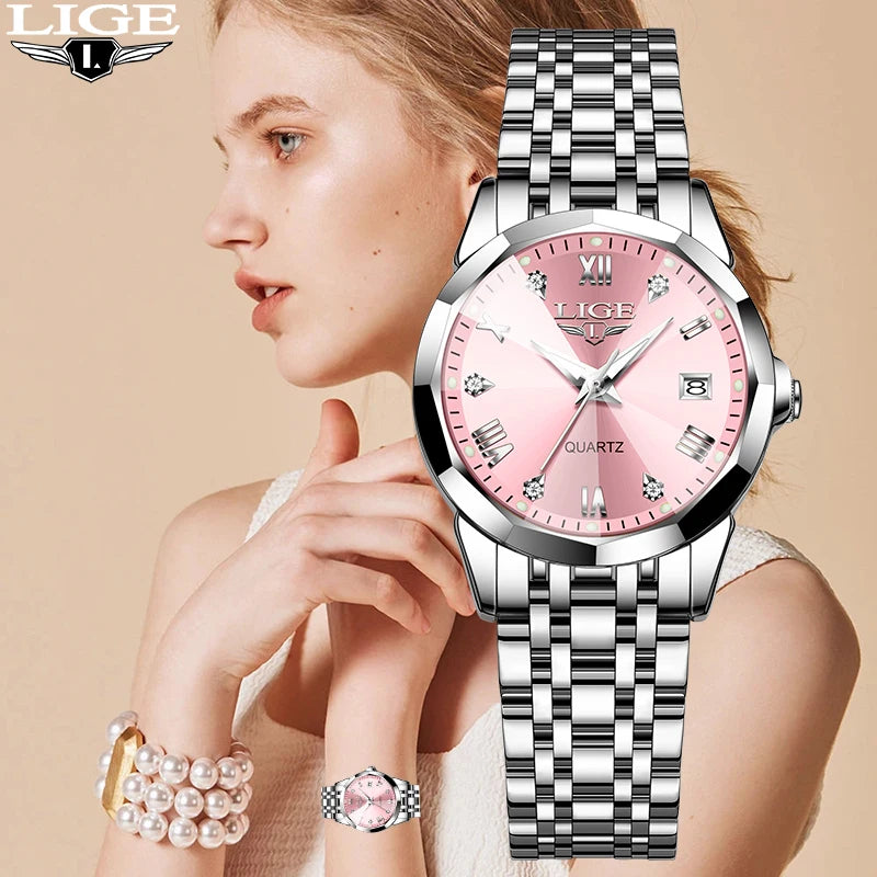 LIGE Elegant Ultrathin Nordic Simple Style Quartz Movement Women's Wristwatch Fashion Stainless Steel Bracelet Belt Woman Watch Ürün ana görseli
