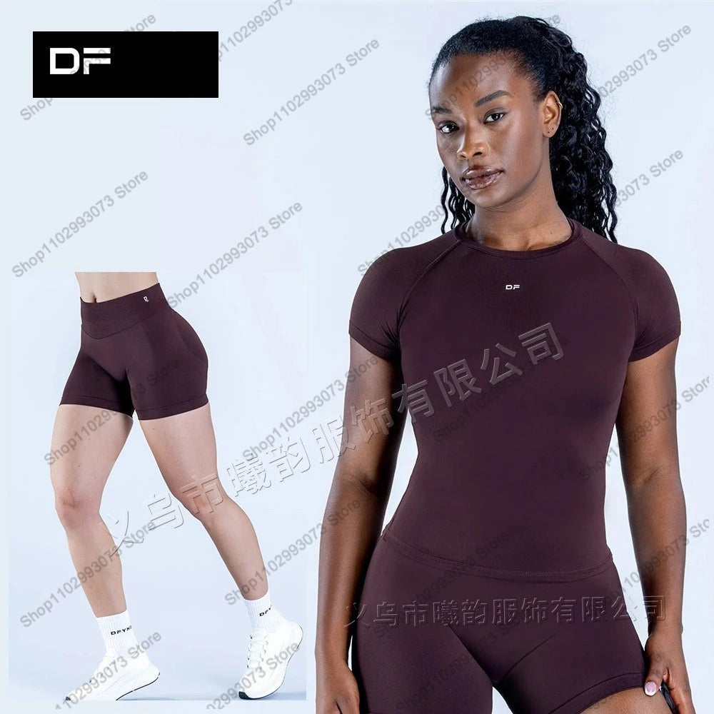 Women's Seamless 2 Piece Yoga Outfit Short Sleeve Top  High Waist Leggings/Shorts Gym Workout Activewear for Fitness Daily Wear
