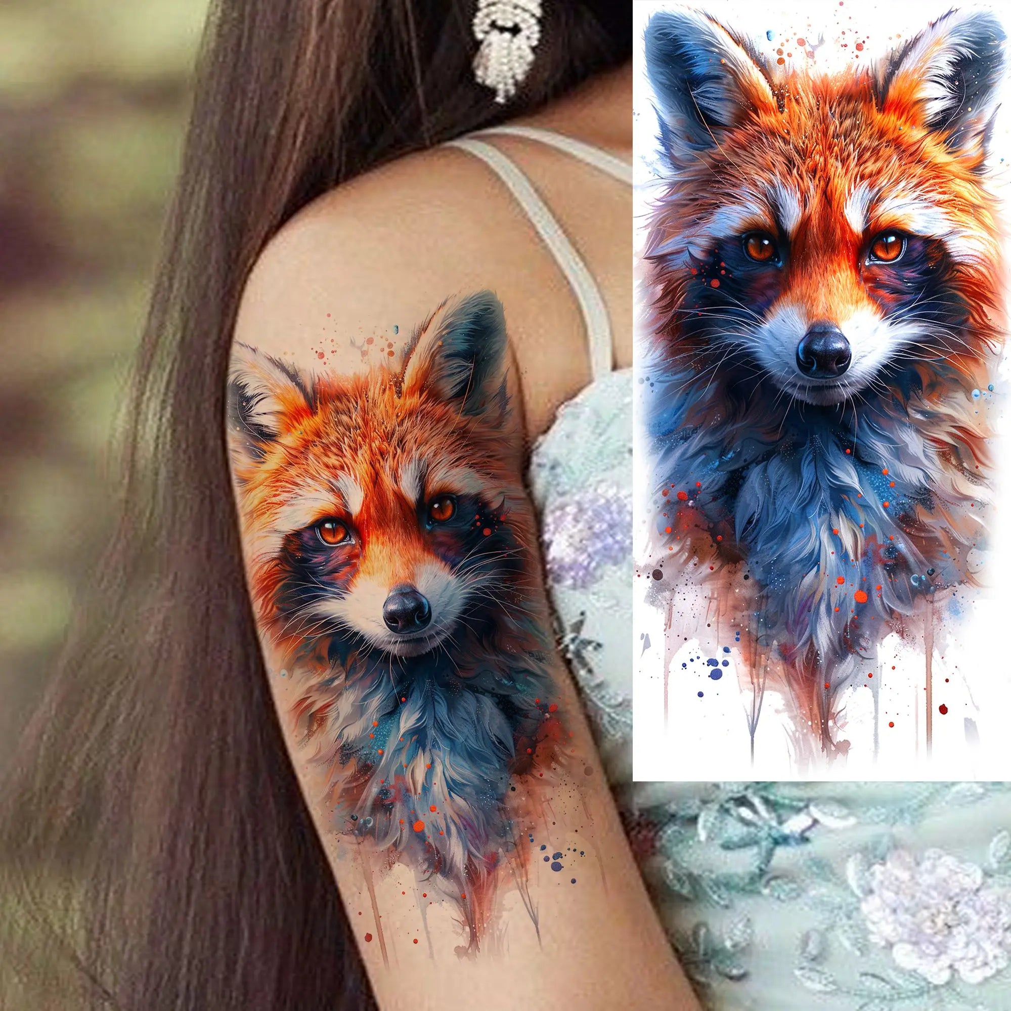 1 Sheet Unique Watercolr Lion Tiger Animals Temporary Tattoos Long Lasting Waterproof Fox Owl Fake Tattoo Sticker Body Art Tatoo
