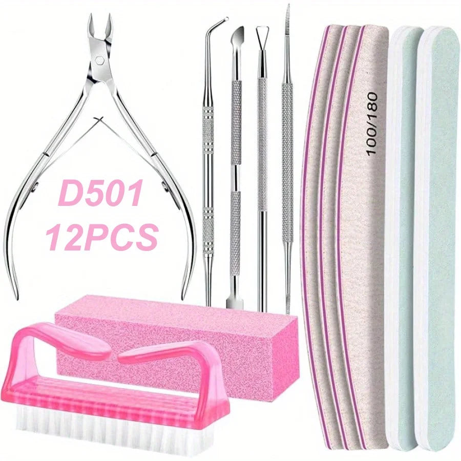 12Pcs/lot Nail Art 100/180 Grit Professional Files Buffer Sponge Block Brush Nail Scissors Kit With Cuticle Nipper Pushers