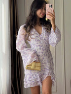 Pink Floral V-neck Mini Dress Waist-cinching Bell Sleeve Chiffon Skirt Commuting And Dating Women's Casual Daily Dresses 2026