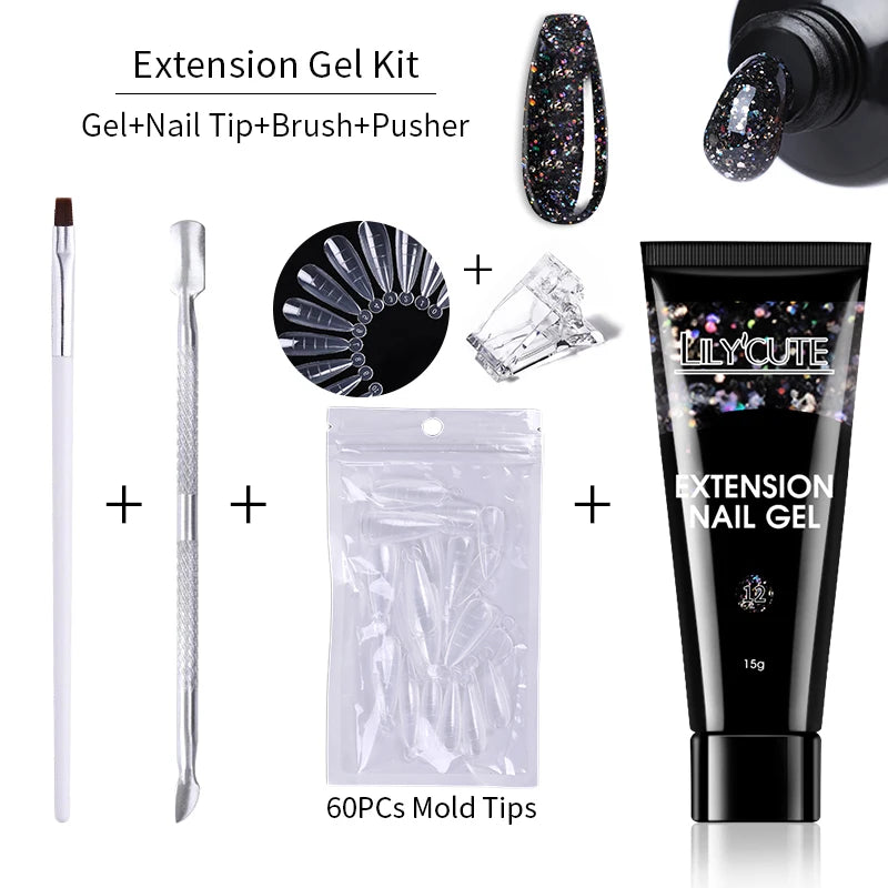 LILYCUTE 15ml Extension Gel Nail Polish Set Quick Nail Prolong With Extend Mold Nail Tips Acrylic Solution Manicure Tools Kit