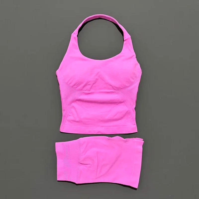 2pcs Sports Set Women Backless Tank Tops High Waist Scrunch Seamless Shorts Fitness Clothes Activewear Workout Sets Gym Suit
