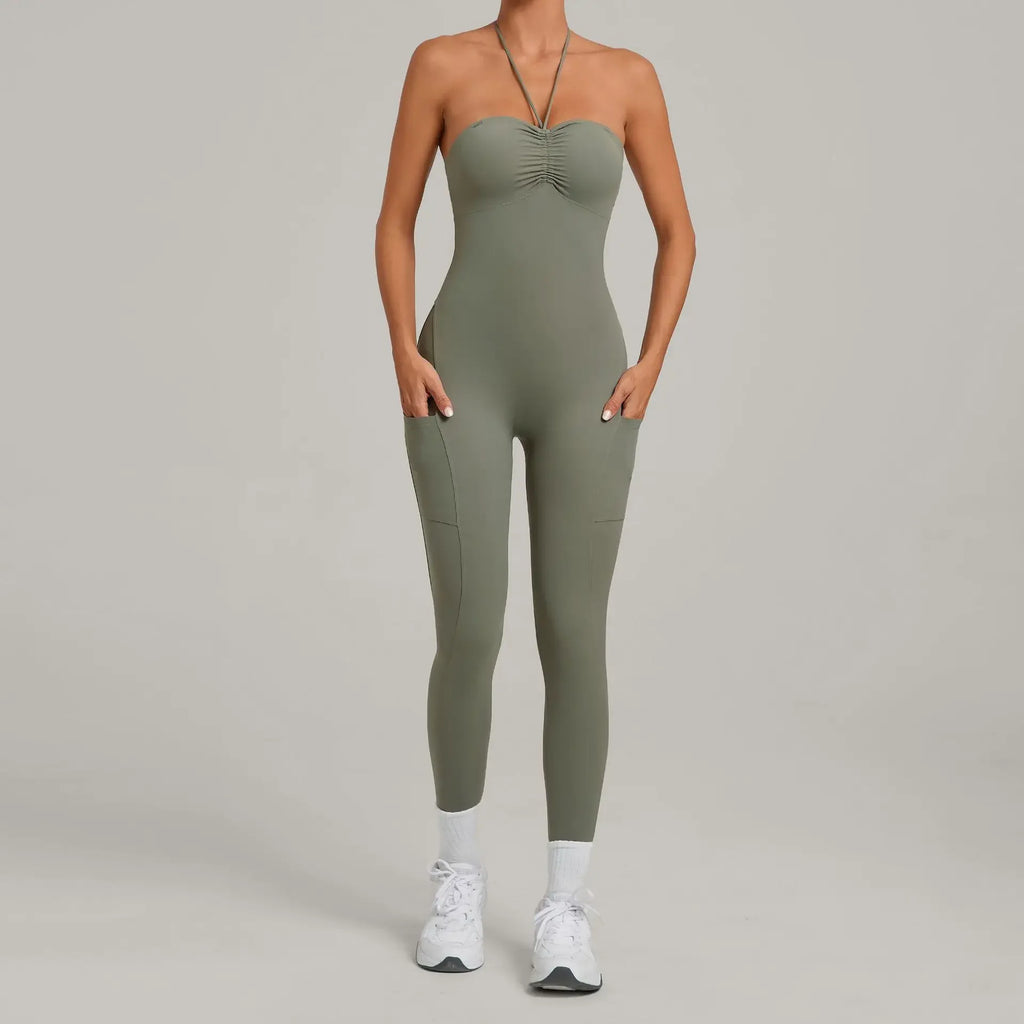 Women's Yoga Jumpsuits Sports Fitness One-piece Beauty Back Strap Pocket Hip-lifting Slim Fit Running Workout Training Bodysuits