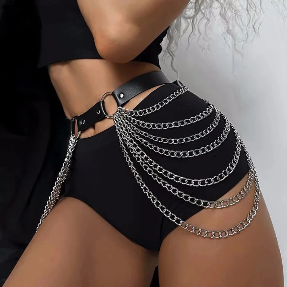 Gothic Punk Black PU Leather Belt with Fringe, Adjustable Harness Waist Chain for Women, Rockabilly Halloween Festival Accessory Ürün ana görseli