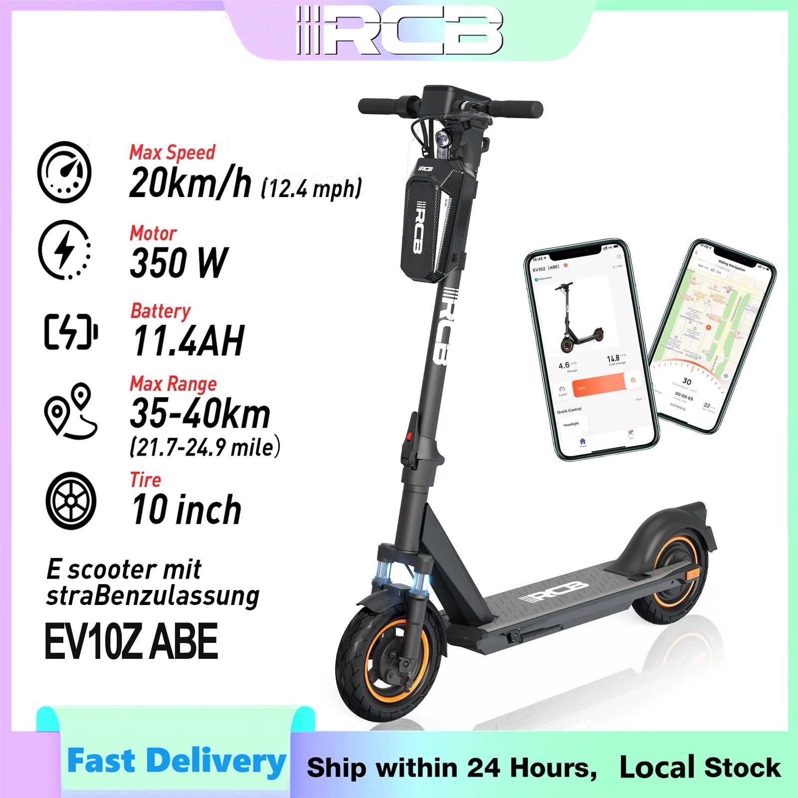 RCB EV10Z Electric Scooter With ABE Road Approval 350W Motor 36V11.4Ah Battery 35-40km Range 10 Inch Wheel Foldable 120KG Max Load For Urban Commute