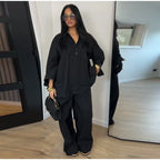 Women Solid Lapel Full Sleeves Pant Suits Chic Single Breasted Wide-leg Long Pants Sets 2026 Lady  Casual Daily Loose Fit Outfit