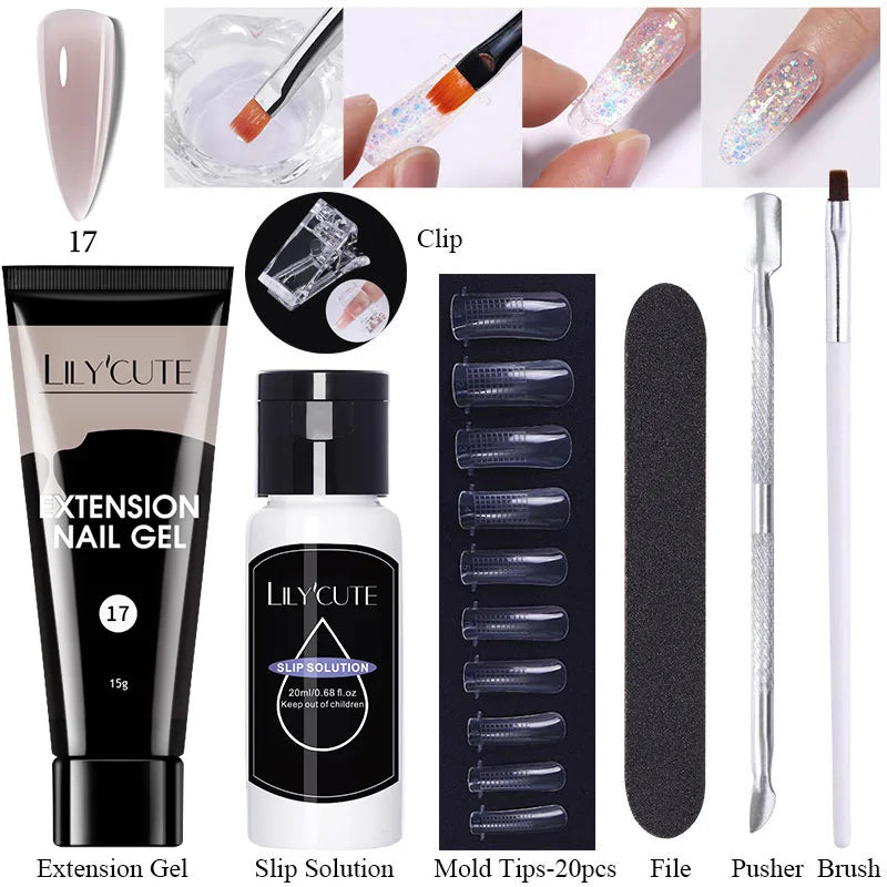 LILYCUTE 15ml Extension Gel Nail Polish Set Quick Nail Prolong With Extend Mold Nail Tips Acrylic Solution Manicure Tools Kit