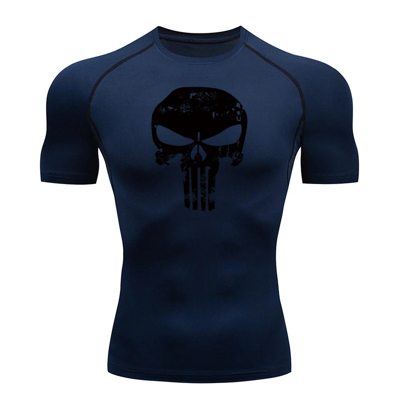 Skull Print Compression Shirts for Men Gym Workout Running Tshirts Sporty Athletic Quick Dry Tees Tops Short Sleeve Rash Guard