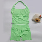 yoga outfits Women 2 pcs Sports DFNNYE Impact Set halterneck Backless Halter Top Seamless Scrunch Shorts Gym Workout Sports Suit